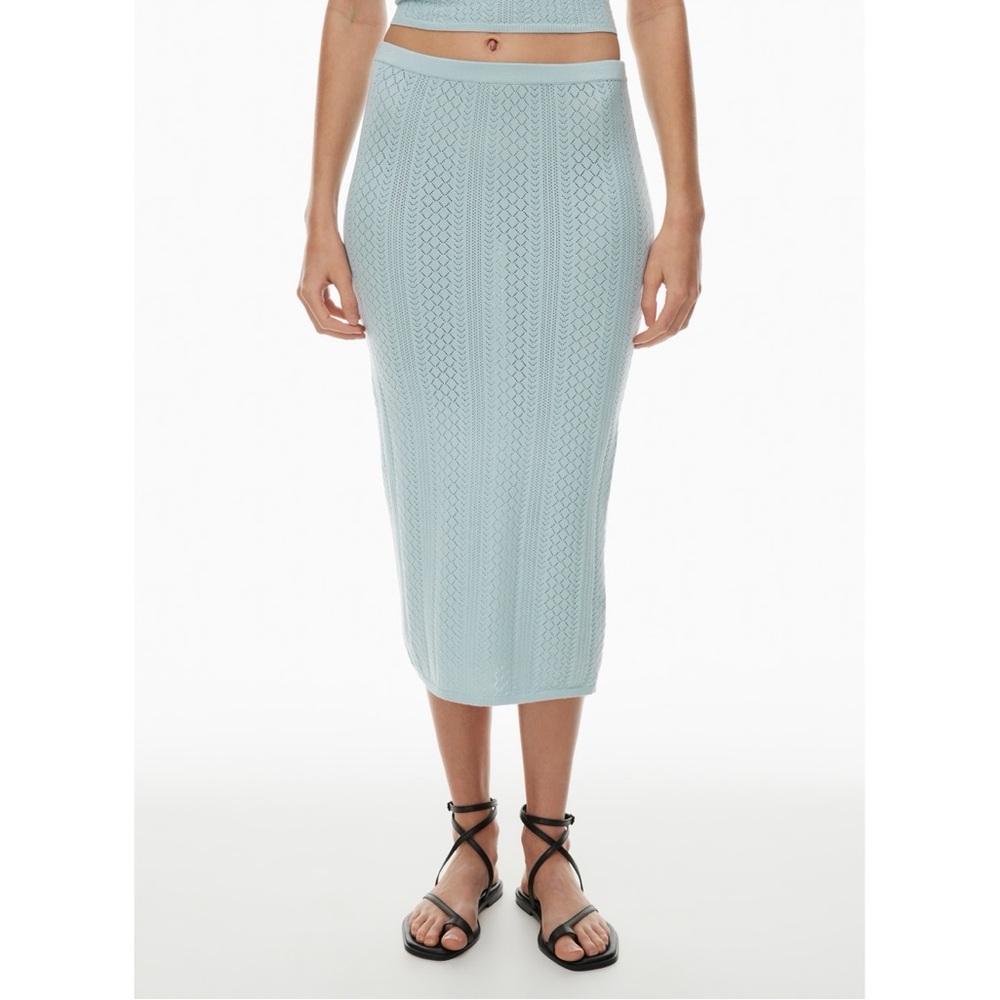 Aritzia Little Moon Rico High-Rise Pointelle Knit‎ Tube Midi Skirt in Iced Blue